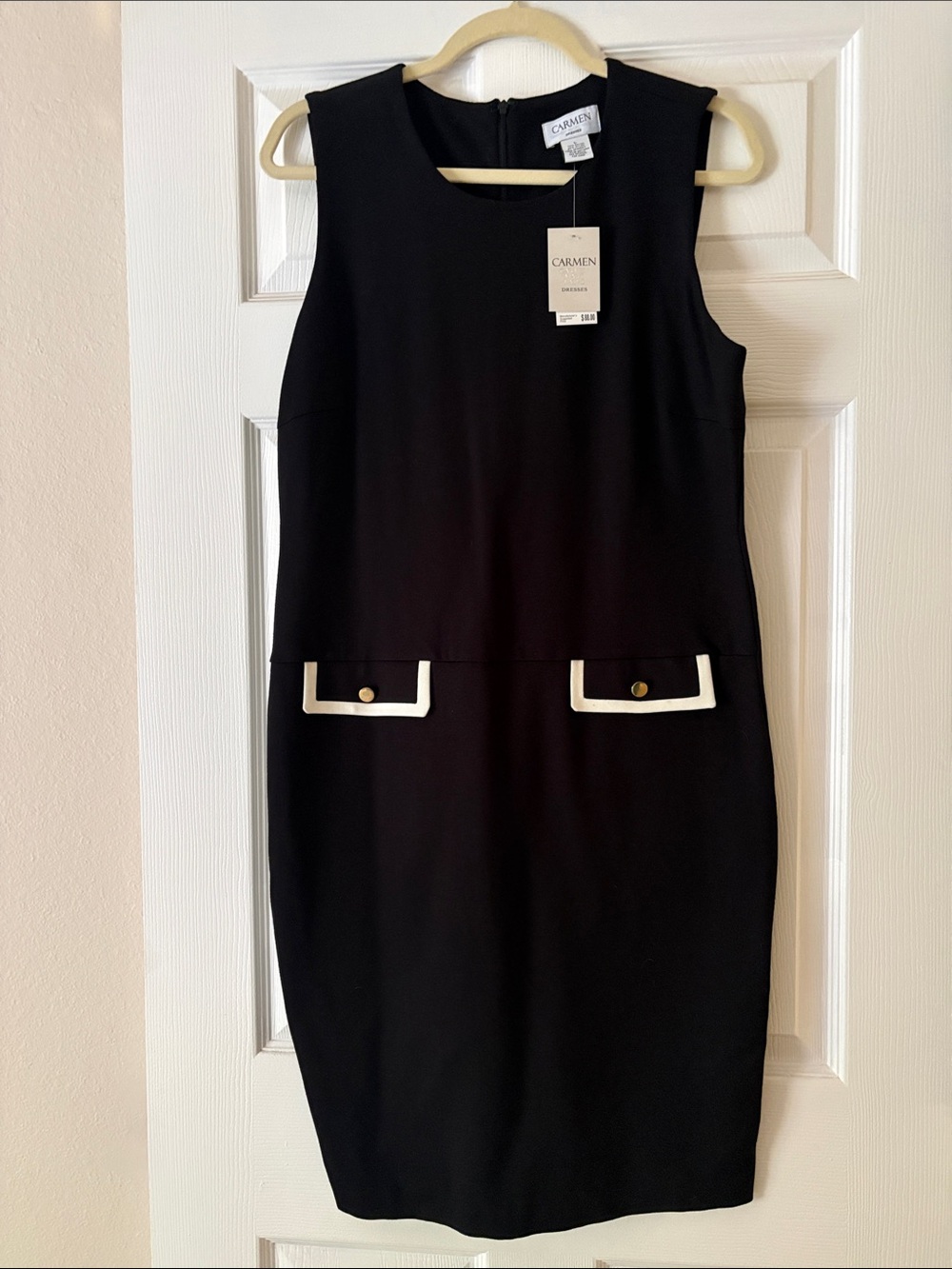 Carmen Marc Valvo Black Midi Sheath Dress with White Pocket Trim